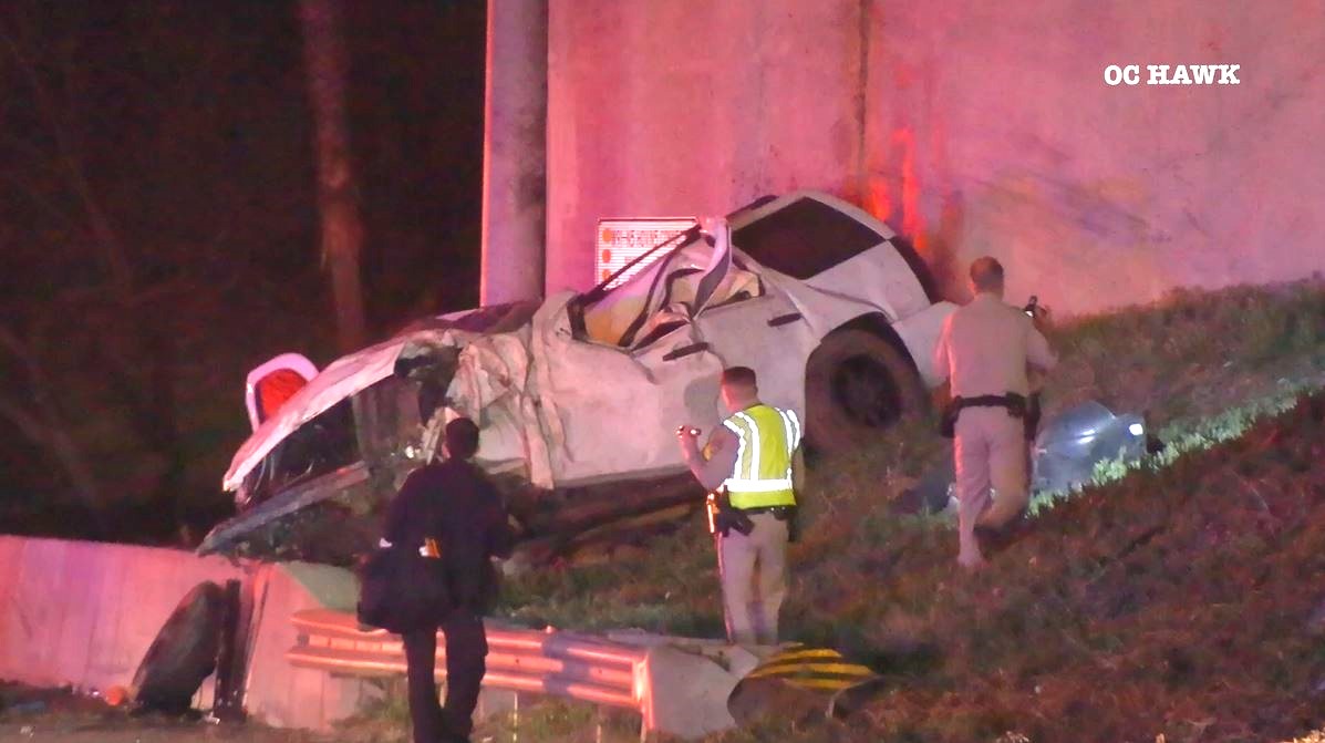 Two people were killed and at least three others were hospitalized after a crash on the 5 Freeway in Anaheim on April 19, 2025. (OC Hawk)