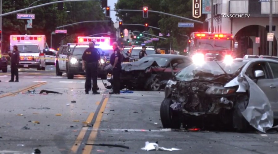 One person was killed and six others were hospitalized after a multi-vehicle crash in downtown Riverside on April 16, 2025. (OnScene.TV)