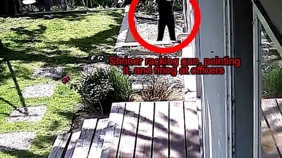 Security footage shows the moment Jillian Shriner, 51, allegedly opened fire on officers surrounding her backyard on April 8, 2025. (Los Angeles Police Department)