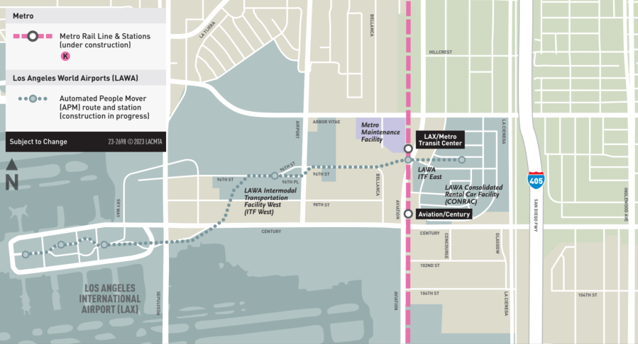 A map showing the location of the LAX/Metro Station and the route of the LAX Automated People Mover. (LA Metro)