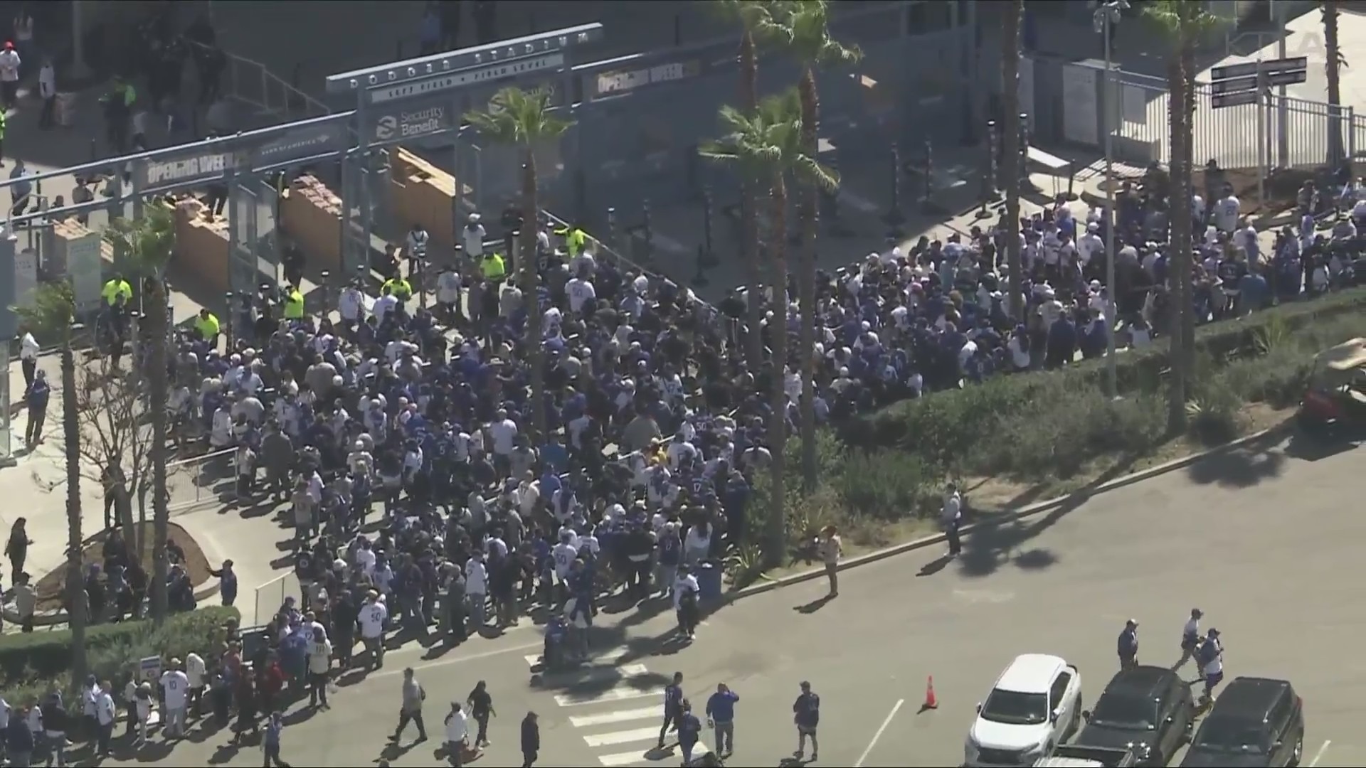 Video from Sky5 shows massive lines developing outside Dodger Stadium on April 2, 2025, as fans hope to get their hands on the first of the season's Shohei Ohtani bobblehead giveaways.