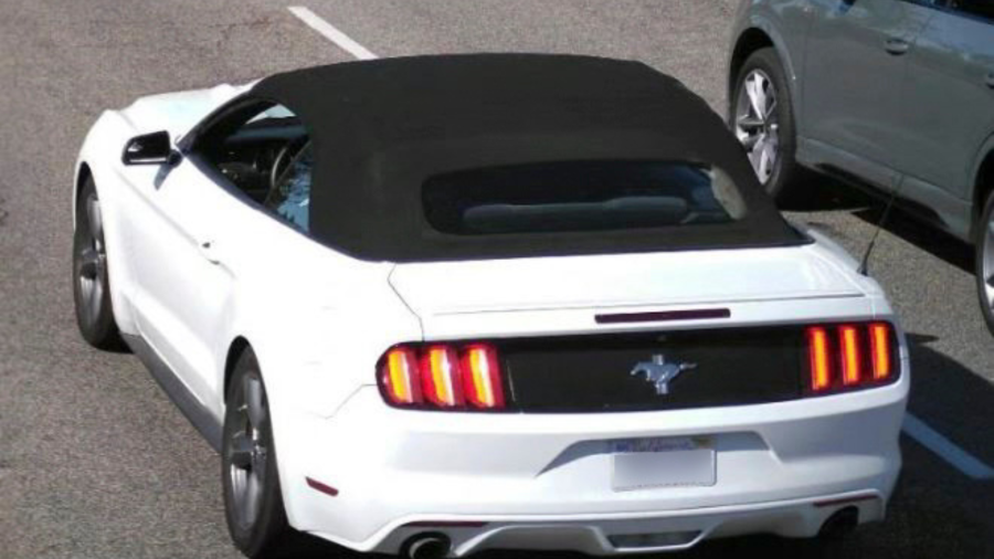 Robert Mario Perri’s white Ford Mustang is seen in a photo from the Orange County Sheriff’s Department.