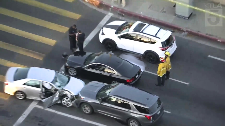 A motorcyclist was killed and three others were hospitalized after a multi-vehicle crash in Northridge on April 9, 2025. (KTLA)