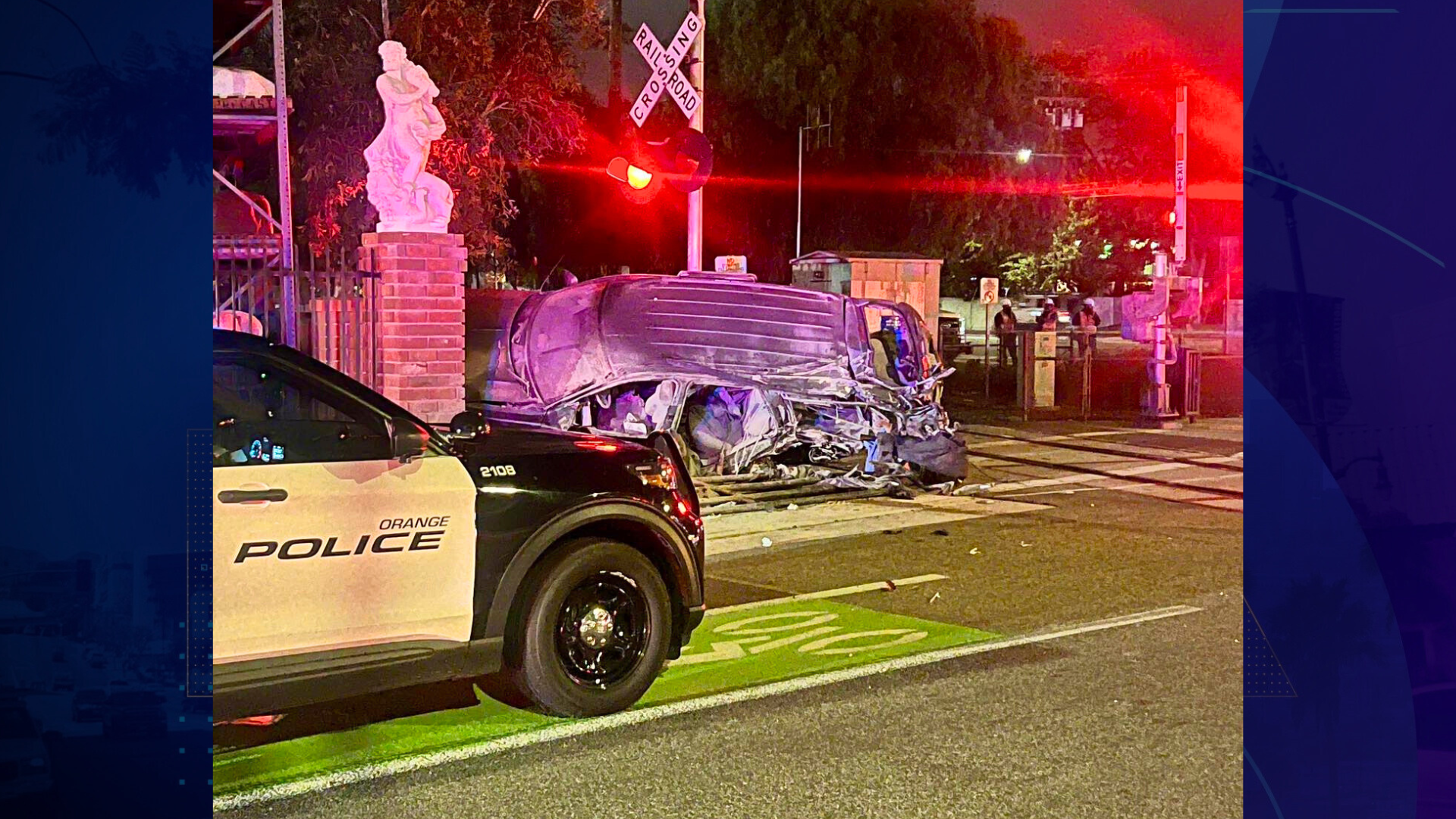 A man was hospitalized in critical condition after he allegedly drove his car under a railroad barrier and was struck by a passenger train in Orange on April 17, 2025. (Orange Police Department)