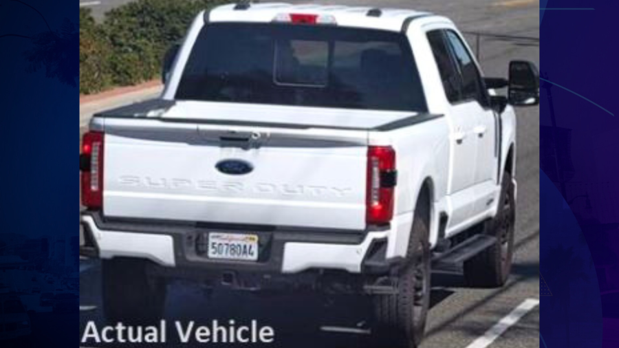 Dennis Scott Fedrizzi’s vehicle is described as a white, four-door 2024 Ford F-250 pickup truck with California license plate number 50780A4. (Los Angeles County Sheriff’s Department)