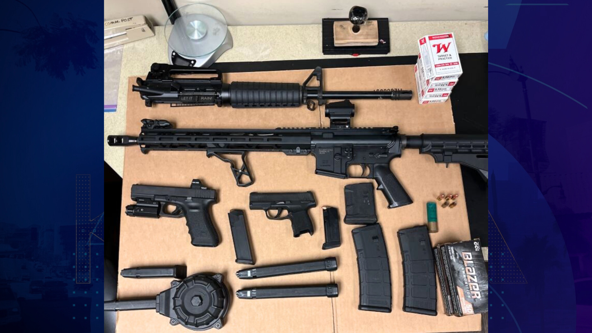 Several firearms were seized after the suspect, David Morris, 27, was arrested for an alleged armed assault that prompted the lockdown of a nearby middle school in Fontana on April 15, 2025. (San Bernardino County Sheriff’s Department)