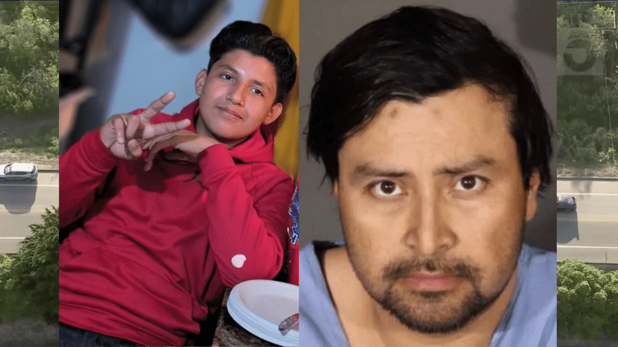 From left: Oscar Omar Hernandez, 13, a resident of the San Fernando Valley, was found dead in a ditch in wooded area off a Ventura County road on April 2, 2025. (Alejandra Hernandez) / Mario Edgardo Garcia Aquino, 43, is seen in a mugshot from the Los Angeles County Sheriff’s Department.