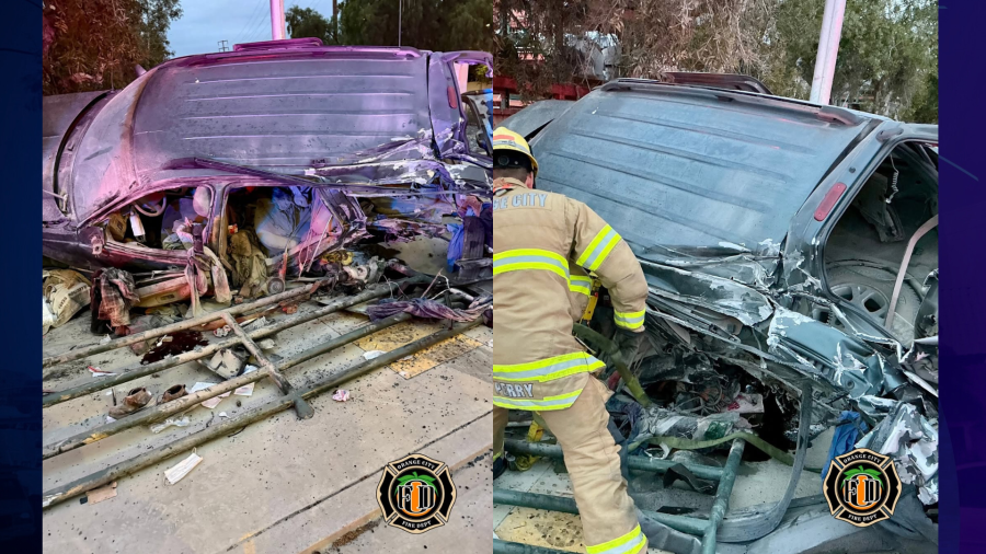 A man was hospitalized in critical condition after he allegedly drove his car under a railroad barrier and was struck by a passenger train in Orange on April 17, 2025. (Orange City Fire Department)