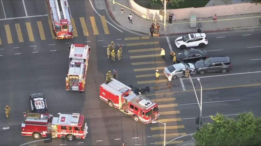 A motorcyclist was killed and three others were hospitalized after a multi-vehicle crash in Northridge on April 9, 2025. (KTLA)