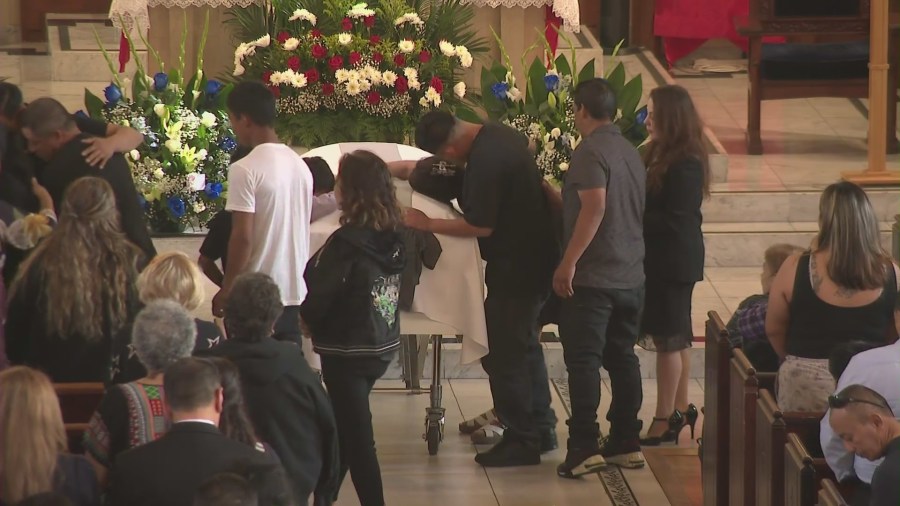 Family and loved ones gathered at the Immaculate Heart of Mary Catholic Church to honor Oscar Omar Hernandez, 13, in East Hollywood on April 12, 2025. (KTLA)