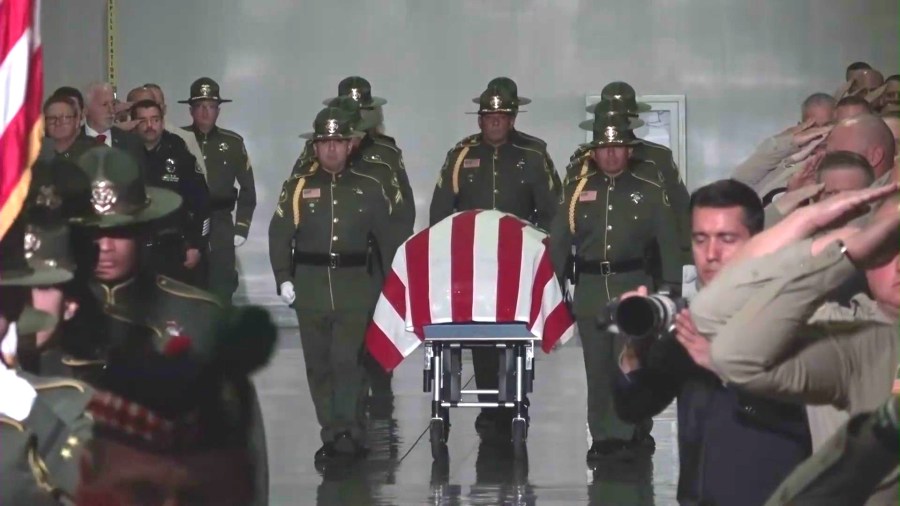 A funeral service attended by loved ones and law enforcement members honored Hector Cuevas Jr., 36, at the Ontario Convention Center on April 17, 2025. (KTLA)