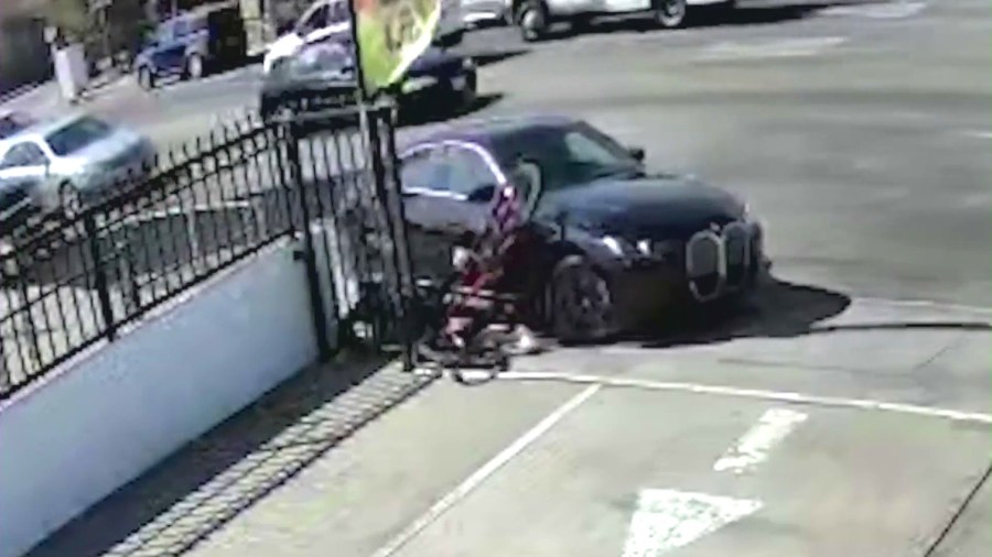 Surveillance cameras captured a hit-and-run driver in a BMW sedan crashing into Sebastian Carillo, 15, as he rode his bicycle on a sidewalk in South Los Angeles on April 7, 2025. (Mariscos El Bigoton)
