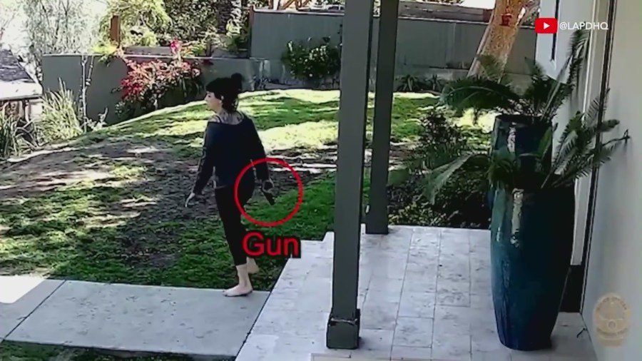 Security footage shows Jillian Shriner, 51, moments before she was shot by police after she allegedly opened fire on officers surrounding her backyard on April 8, 2025. (Los Angeles Police Department)