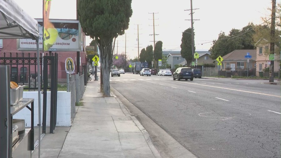 The street where Sebastian Carillo, 15, was struck by and hit-and-run driver as he rode his bicycle on the sidewalk on April 7, 2025. (KTLA)