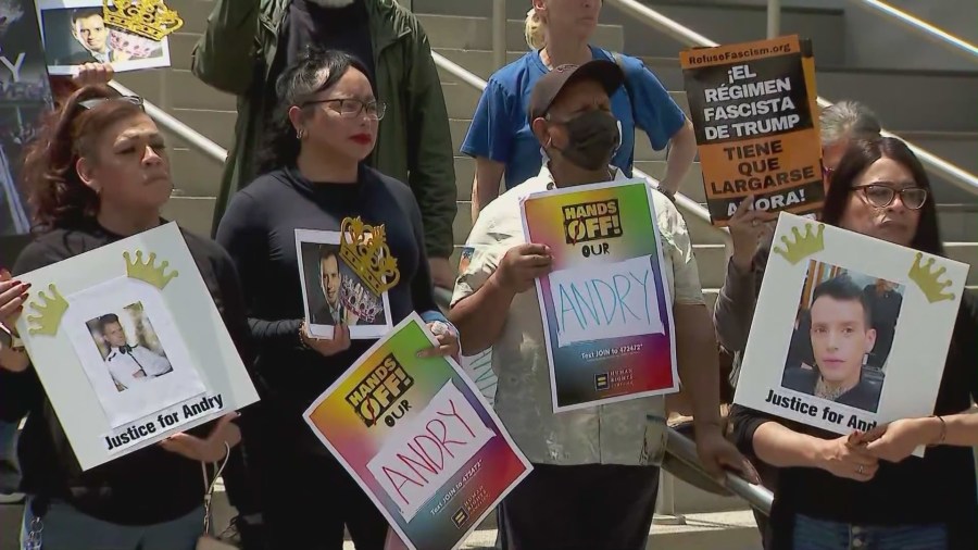 Local leaders and community activists gathered in West Hollywood on April 30, 2025 to protest the deportation of Andry Hernandez Romero. (KTLA)