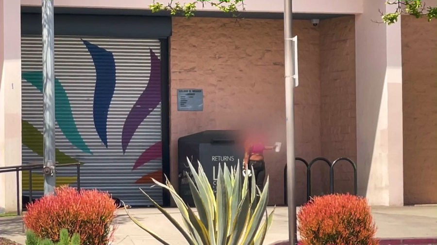 A transient woman seen walking around the Leland Weaver library which is next door to San Miguel Elementary School in South Gate. (KTLA)