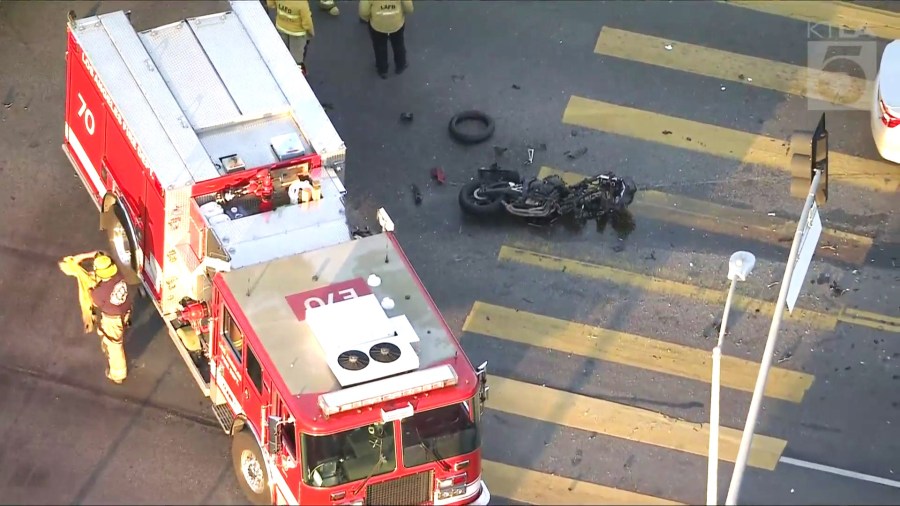 A motorcyclist was killed and three others were hospitalized after a multi-vehicle crash in Northridge on April 9, 2025. (KTLA)
