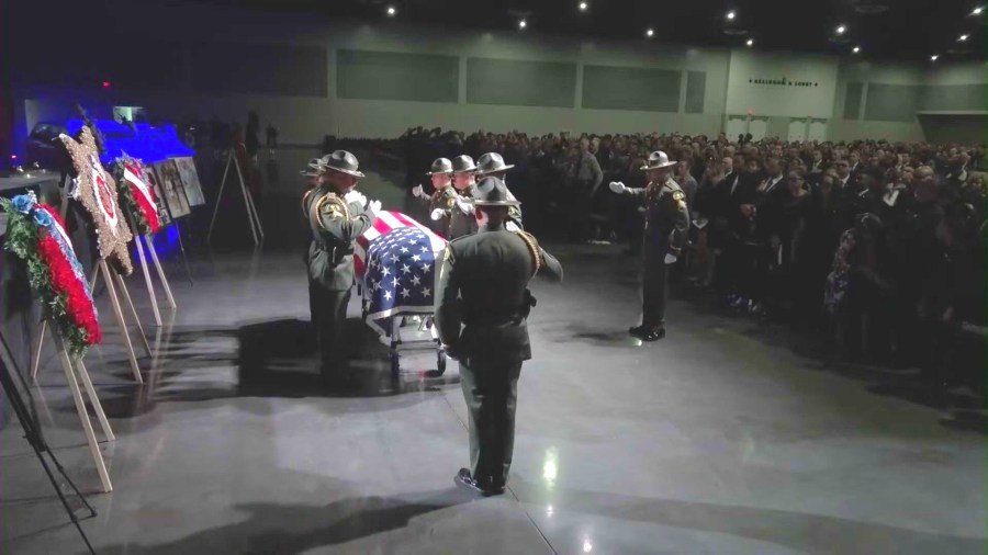A funeral service attended by loved ones and law enforcement members honored Hector Cuevas Jr., 36, at the Ontario Convention Center on April 17, 2025. (KTLA)