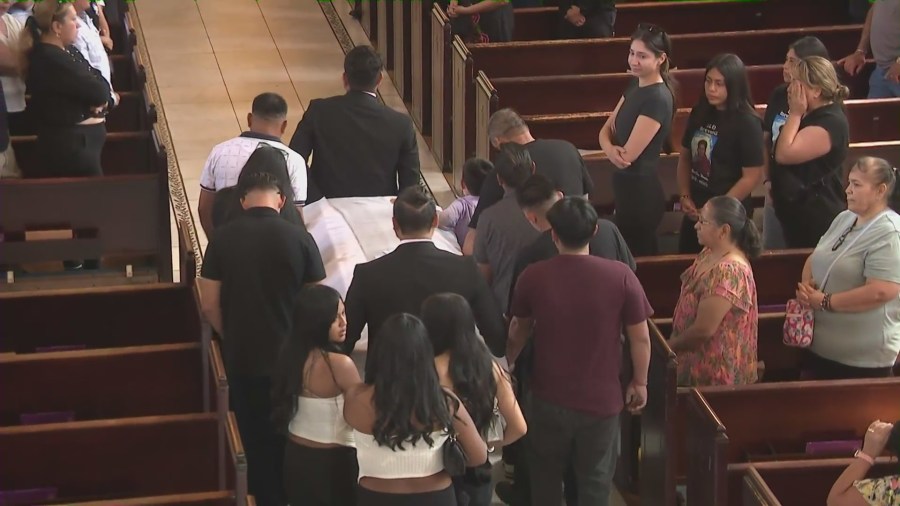 Family and loved ones gathered at the Immaculate Heart of Mary Catholic Church to honor Oscar Omar Hernandez, 13, in East Hollywood on April 12, 2025. (KTLA)