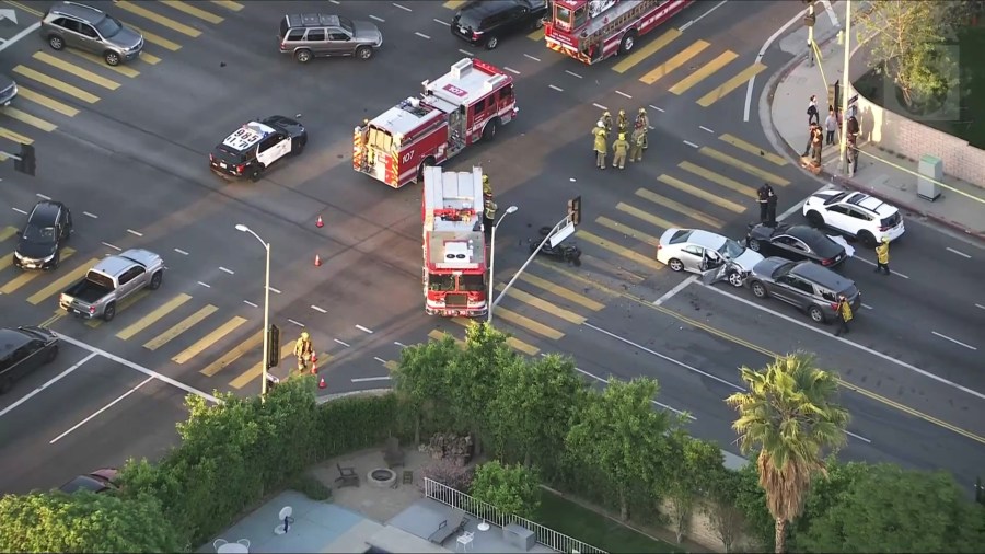 A motorcyclist was killed and three others were hospitalized after a multi-vehicle crash in Northridge on April 9, 2025. (KTLA)