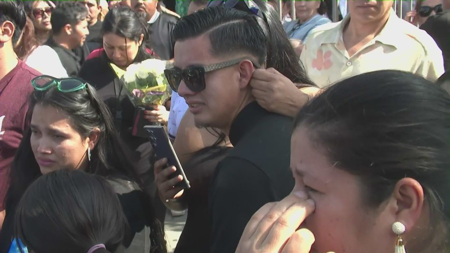 Family and loved ones gathered at the Immaculate Heart of Mary Catholic Church to honor Oscar Omar Hernandez, 13, in East Hollywood on April 12, 2025. (KTLA)