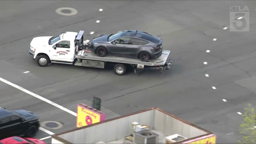 Two teenagers riding a scooter are in critical condition after a wrong-way crash with a Tesla Model Y in Orange on April 1, 2025. (KTLA)