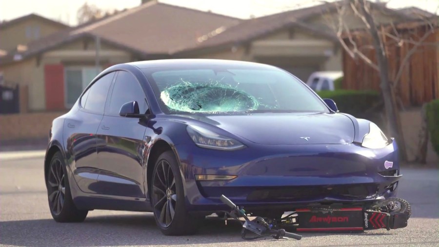 An 11-year-old boy riding an electric scooter was hospitalized after he collided with a vehicle in a Victorville neighborhood on March 29, 2025. (KTLA)