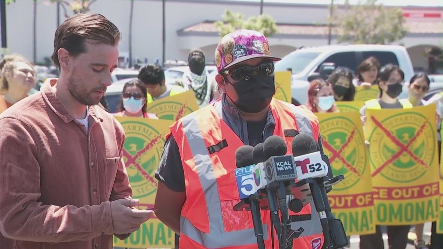 Immigrant rights advocates and community members held a demonstration outside a Home Depot store in Pomona on April 22, 2025, protesting a raid that involved the arrest of a group of day laborers at the location. (KTLA)