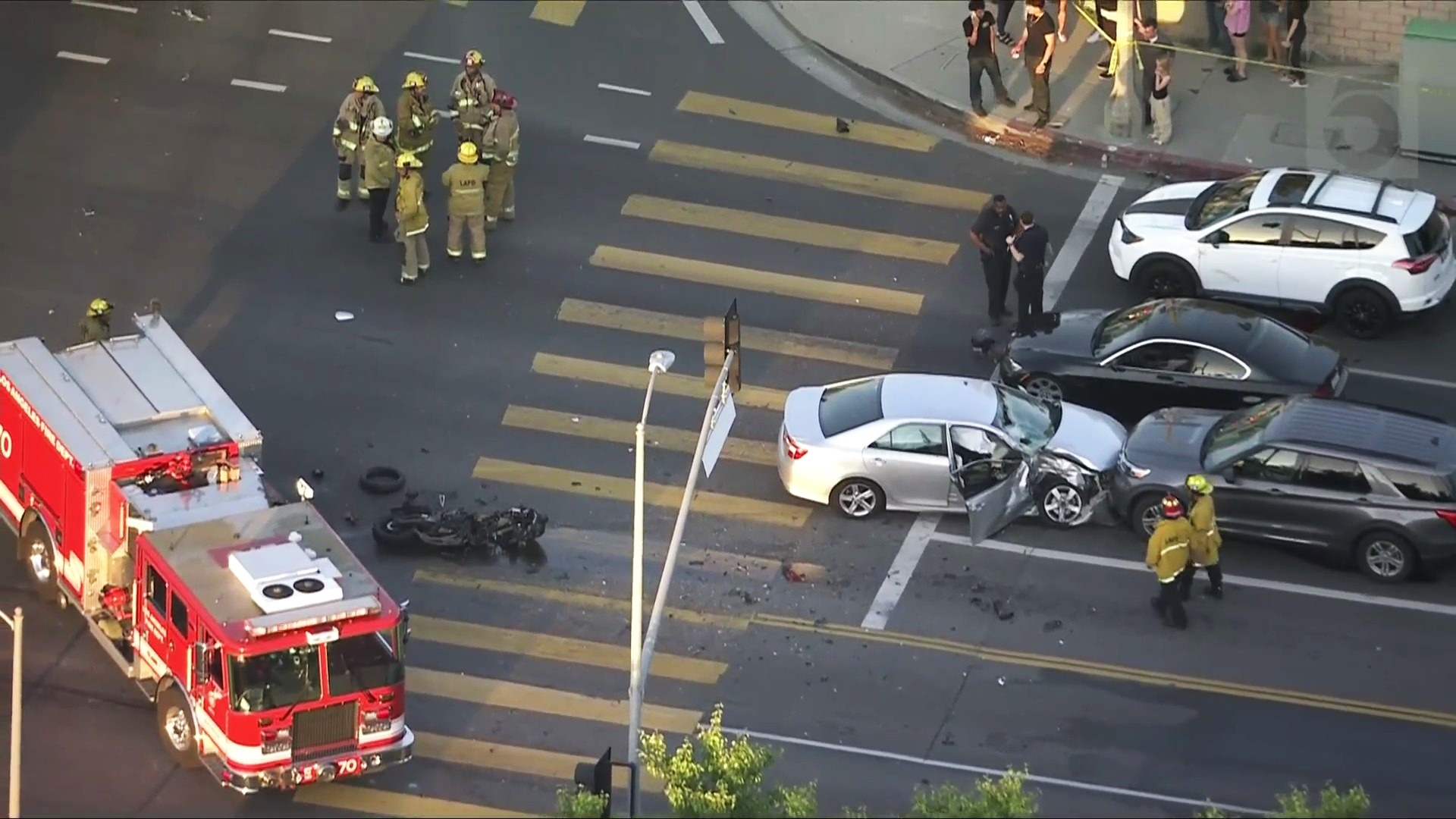 A motorcyclist was killed and three others were hospitalized after a multi-vehicle crash in Northridge on April 9, 2025. (KTLA)
