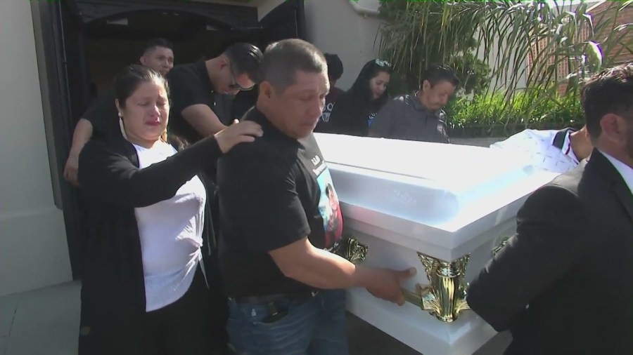 Family and loved ones gathered at the Immaculate Heart of Mary Catholic Church to honor Oscar Omar Hernandez, 13, in East Hollywood on April 12, 2025. (KTLA)
