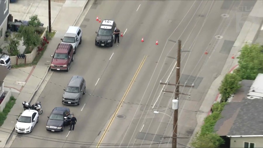 Two teenagers riding a scooter are in critical condition after a wrong-way crash with a Tesla Model Y in Orange on April 1, 2025. (KTLA)