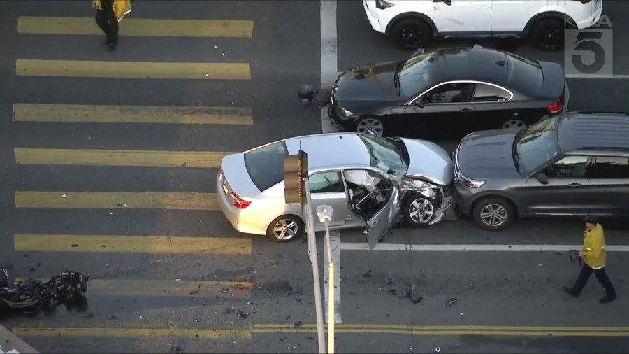 A motorcyclist was killed and three others were hospitalized after a multi-vehicle crash in Northridge on April 9, 2025. (KTLA)