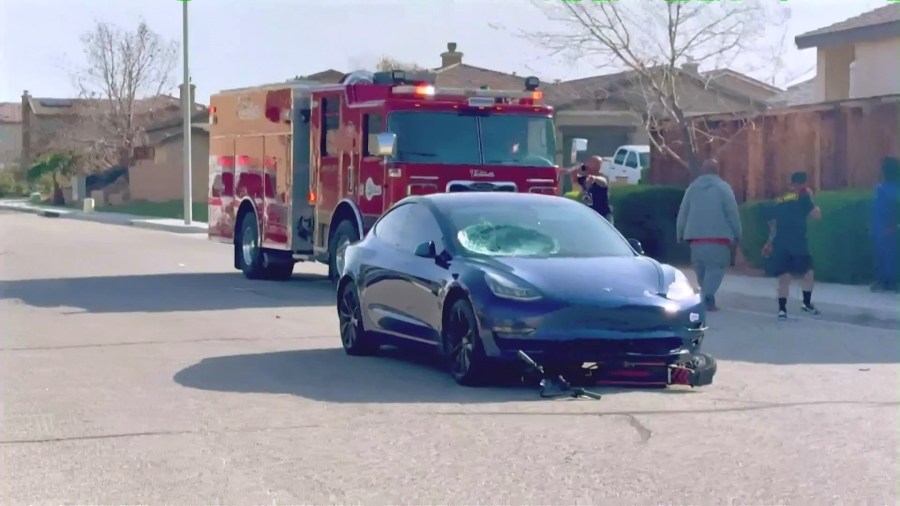 An 11-year-old boy riding an electric scooter was hospitalized after he collided with a vehicle in a Victorville neighborhood on March 29, 2025. (KTLA)