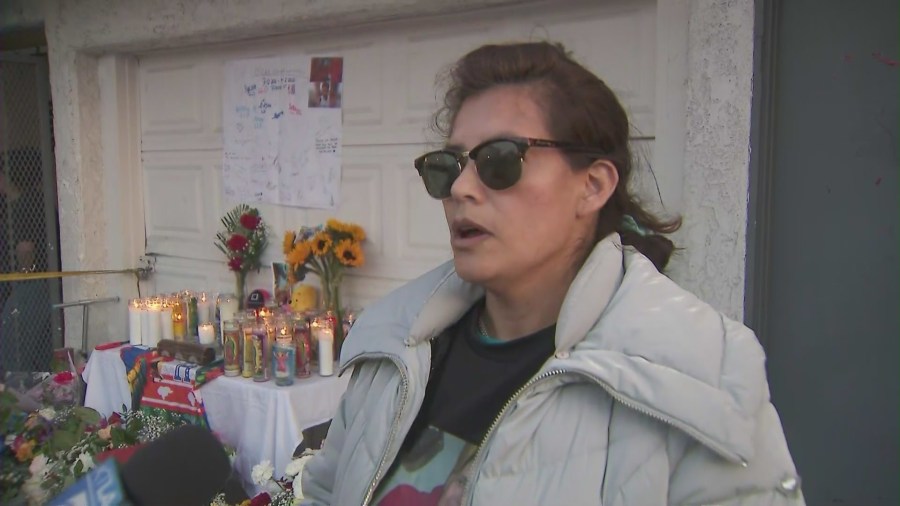 The boy's mother, Gladys Maribel Bautista, speaks to KTLA during a candlelight vigil held to honor Oscar Hernandez outside her Sun Valley home on April 4, 2025. (KTLA)