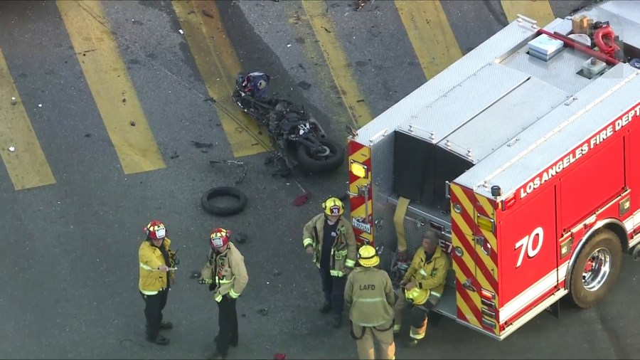 A motorcyclist was killed and three others were hospitalized after a multi-vehicle crash in Northridge on April 9, 2025. (KTLA)