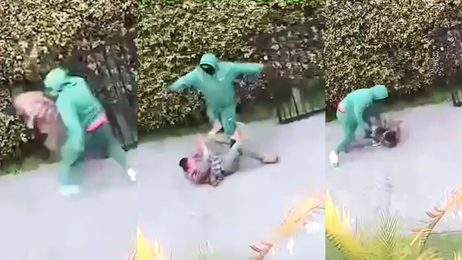 Surveillance video captured the moment a suspect ran up to Javier Ibarra outside his Inglewood home and began violently punching and beathing him while yelling racial slurs on April 15, 2025. (Inglewood Police Department)