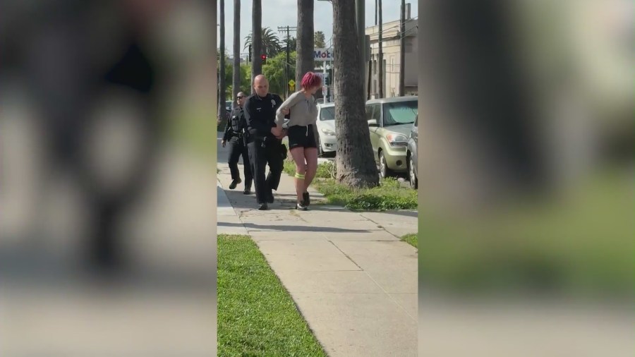 A person being arrested by L.A. police in a Hollywood neighborhood that residents said is overrun with crime and activity from transients and squatters.