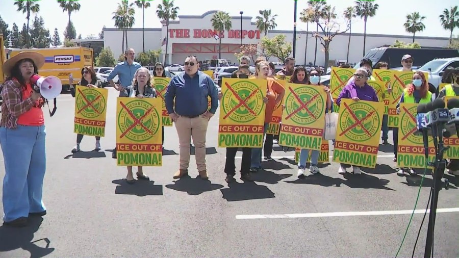 Immigrant rights advocates and community members held a demonstration outside a Home Depot store in Pomona on April 22, 2025, protesting a raid that involved the arrest of a group of day laborers at the location. (KTLA)