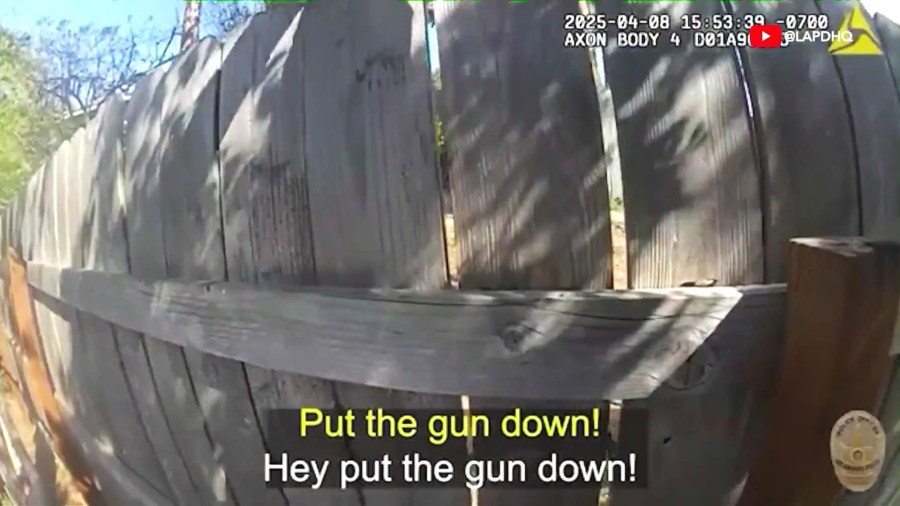 Body cam footage shows LAPD officers surrounding Jillian Shriner's backyard and ordering her to put her gun down on April 8, 2025. (Los Angeles Police Department)