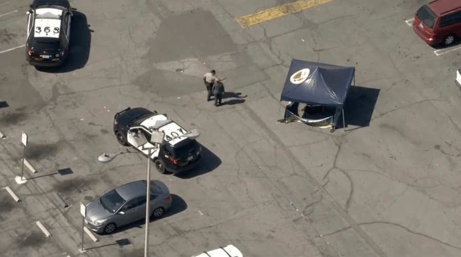 Aerial footage from Sky5 shows the scene in South El Monte where a store owner was killed after he confronted and was run over by shoplifters on April 9, 2025.