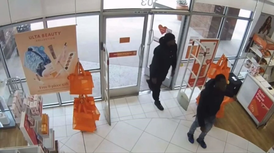 Surveillance video captured the suspects ransacking an Ulta Beauty store in Corona and escaping with thousands of dollars worth of merchandise on April 15, 2025. (Corona Police Department)
