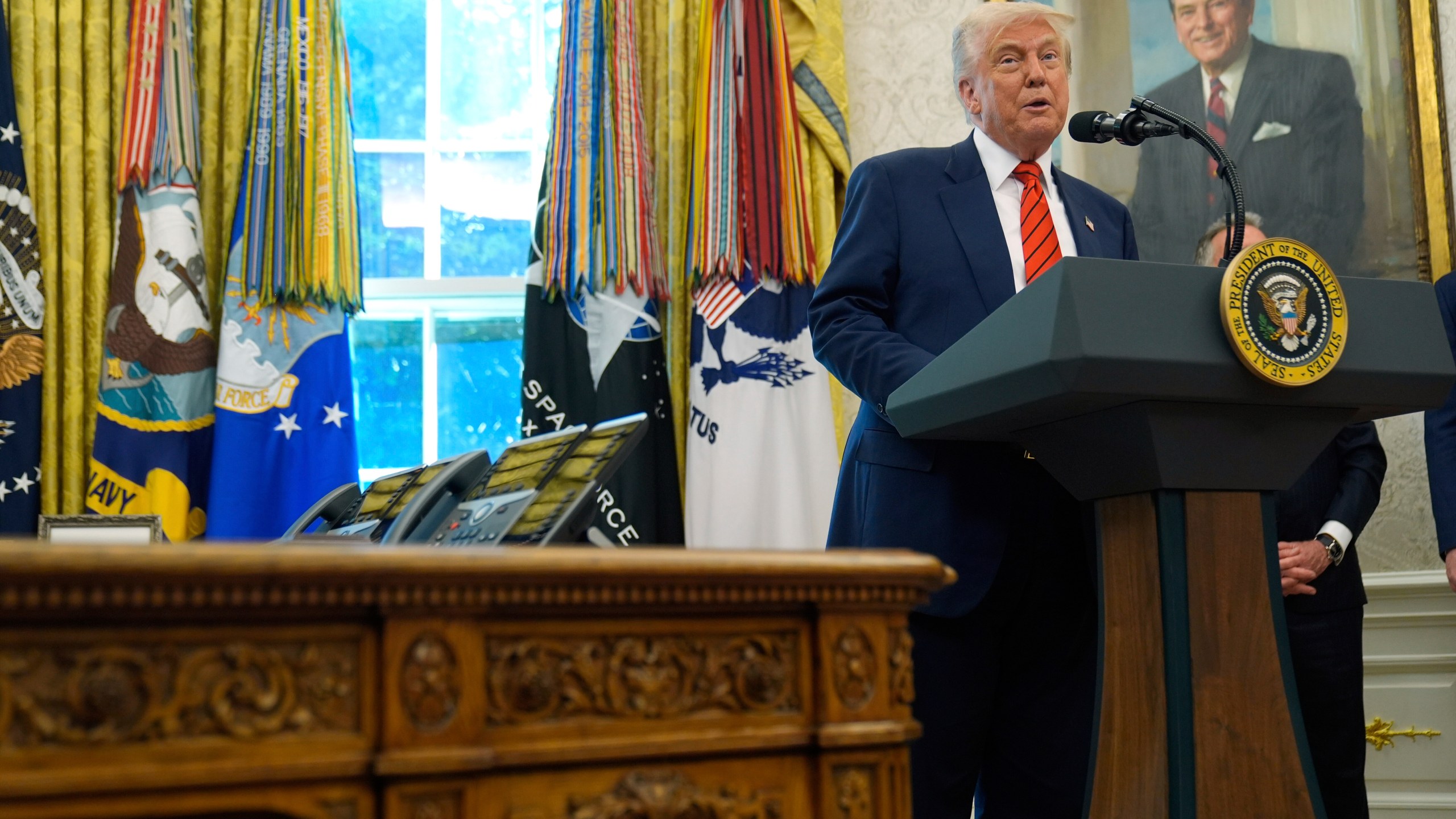 President Donald Trump speaks before Steve Witkoff is sworn as special envoy during a ceremony in the Oval Office of the White House, Tuesday, May 6, 2025, in Washington. (AP Photo/Mark Schiefelbein)