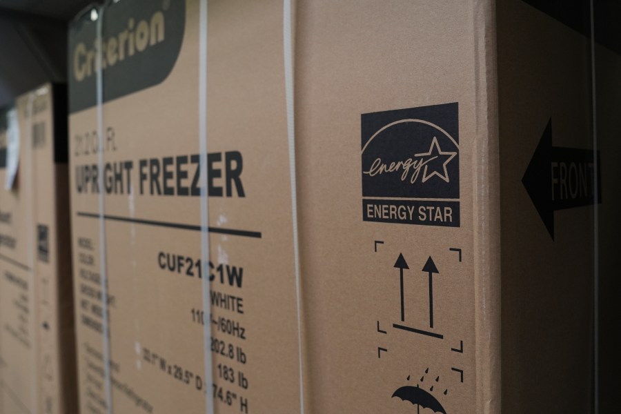 FILE - An Energy Star logo is displayed on a box for a freezer Jan. 21, 2025, in Evendale, Ohio. (AP Photo/Joshua A. Bickel, File)