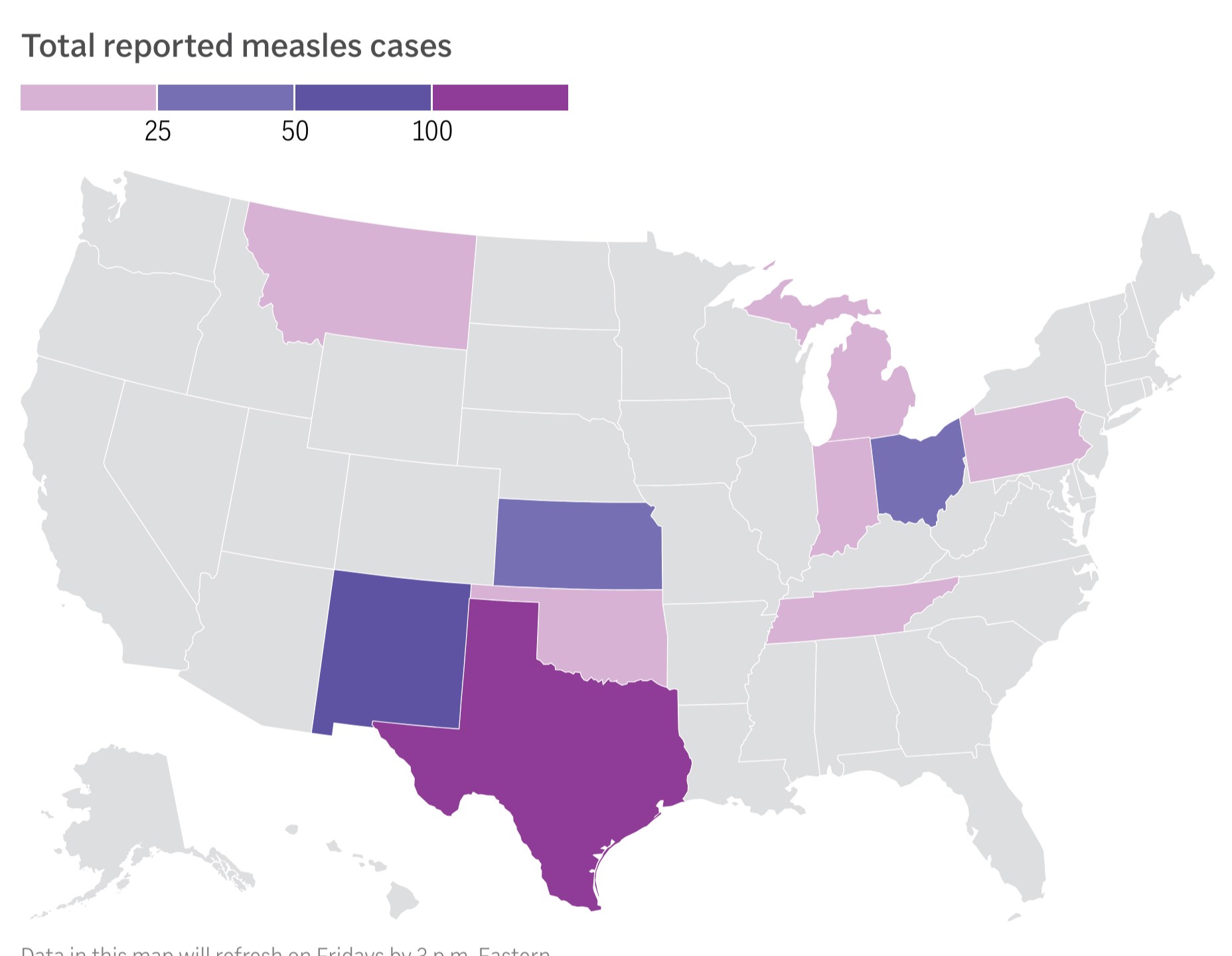 The map above shows states that have been affected by recent measles outbreaks in the U.S. (AP Graphic)