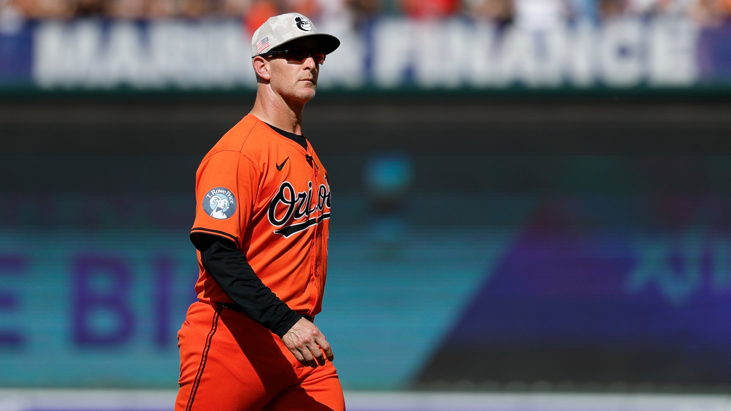 Baltimore Orioles interim manager Tony Mansolino walks off the field after removing pitcher Kyle Gibson during the first inning of a baseball game against the Washington Nationals in Baltimore, Saturday, May 17, 2025. (AP Photo/Terrance Williams)