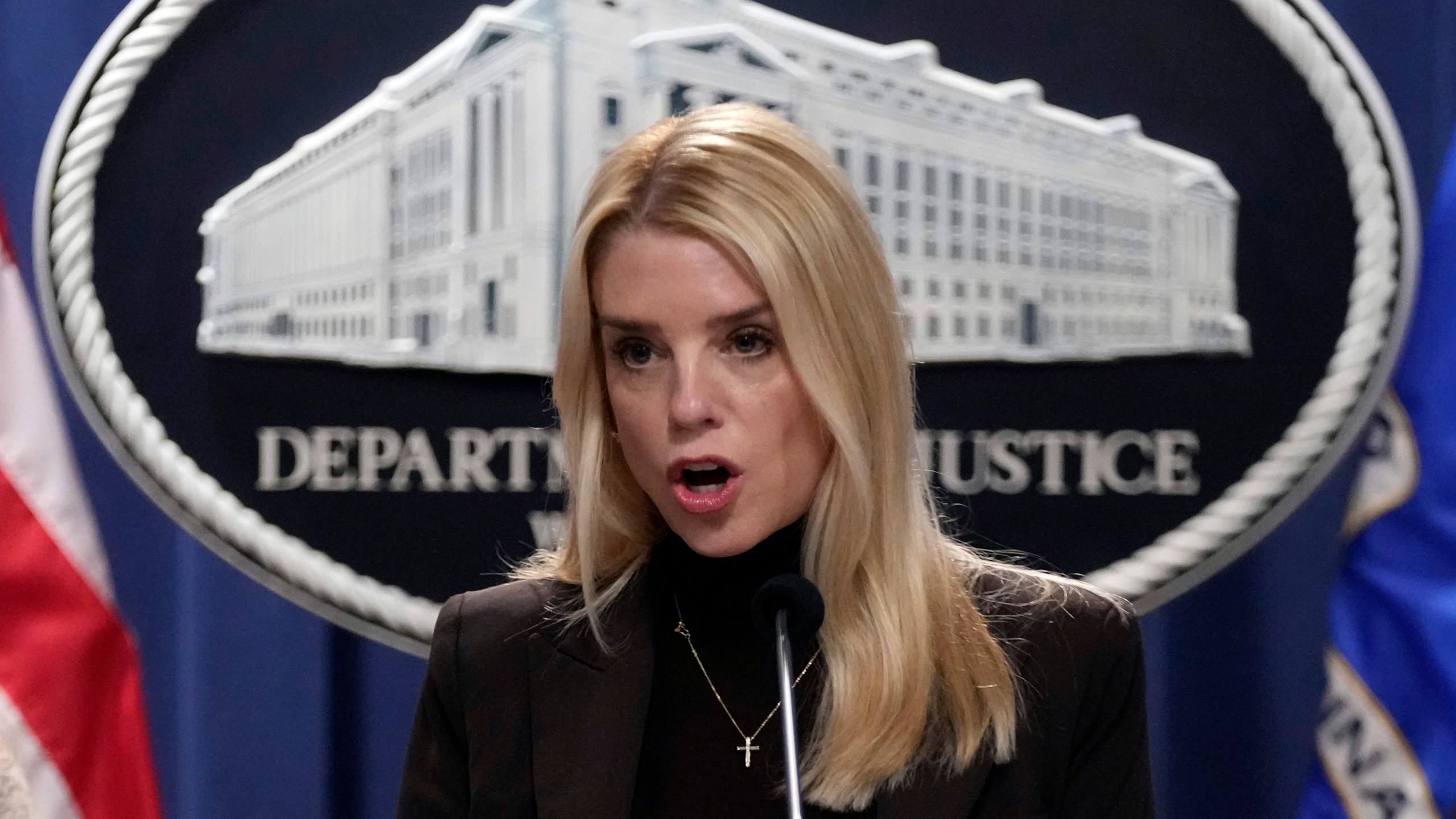 FILE - Attorney General Pam Bondi speaks at a news conference at the Justice Department, Feb. 12, 2025, in Washington. (AP Photo/Ben Curtis, File)