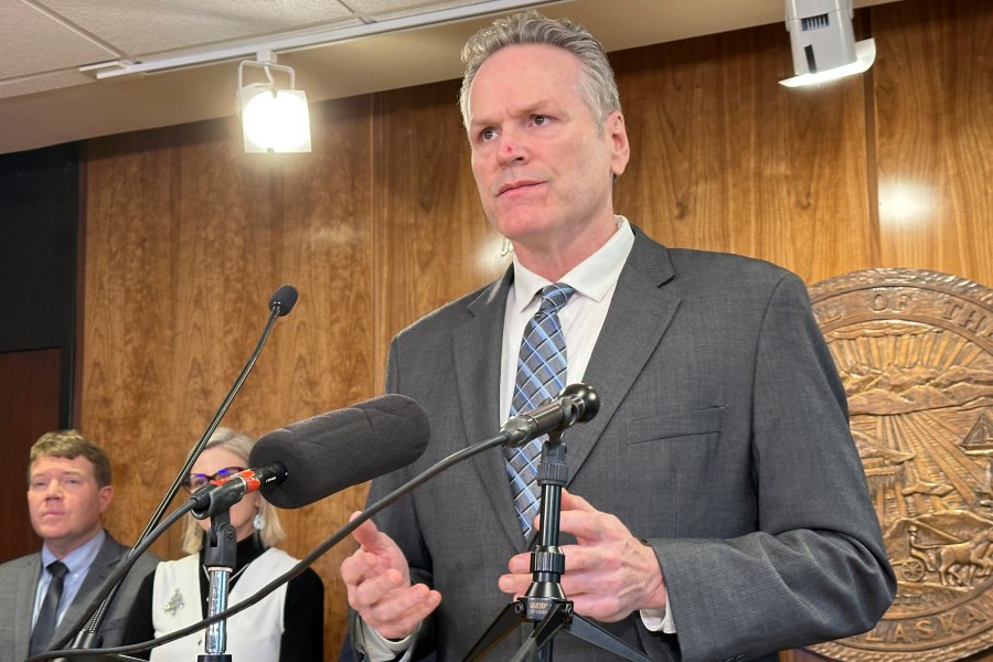 FILE - Alaska Gov. Mike Dunleavy holds a news conference on Dec. 12, 2024, in Juneau, Alaska. (AP Photo/Becky Bohrer, File)