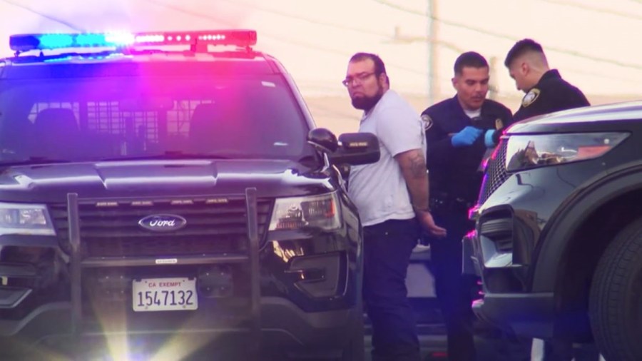 A man in a vehicle that matched the shooting suspect's description was taken into custody in the Pico-Union neighborhood on May 2, 2025. (KTLA)