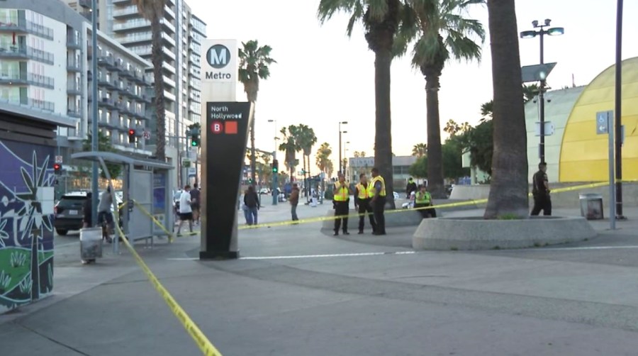 Three people were hospitalized after a violent stabbing and shooting outside a Metro station in North Hollywood on May 31, 2025. (KTLA)