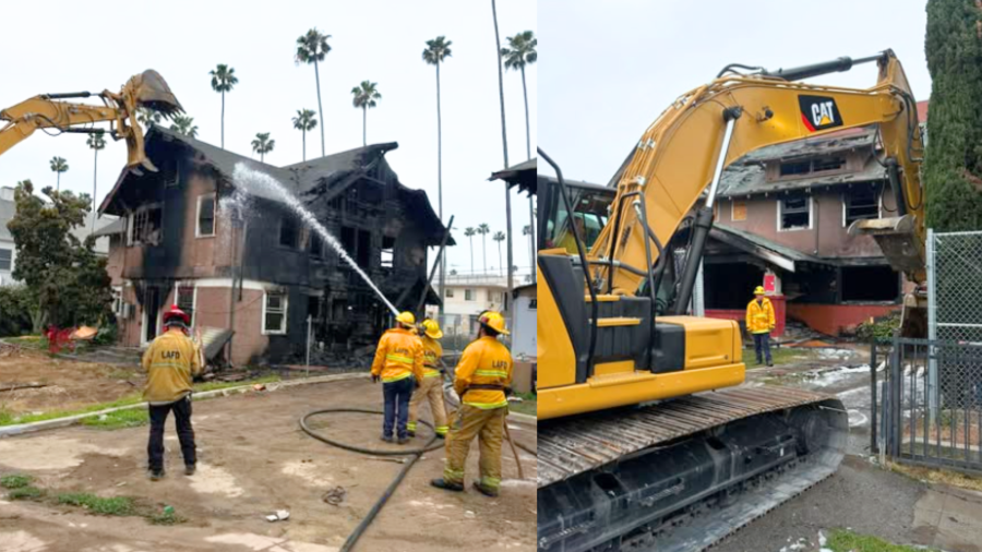 L.A. Fire Department crews demolished a vacant home that neighbors said was taken over by squatters in Hollywood after a massive fire destroyed the property on May 1, 2025. (Los Angeles Fire Department)